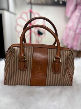 Striped Brown Leather-Trim Satchel - Women Bags